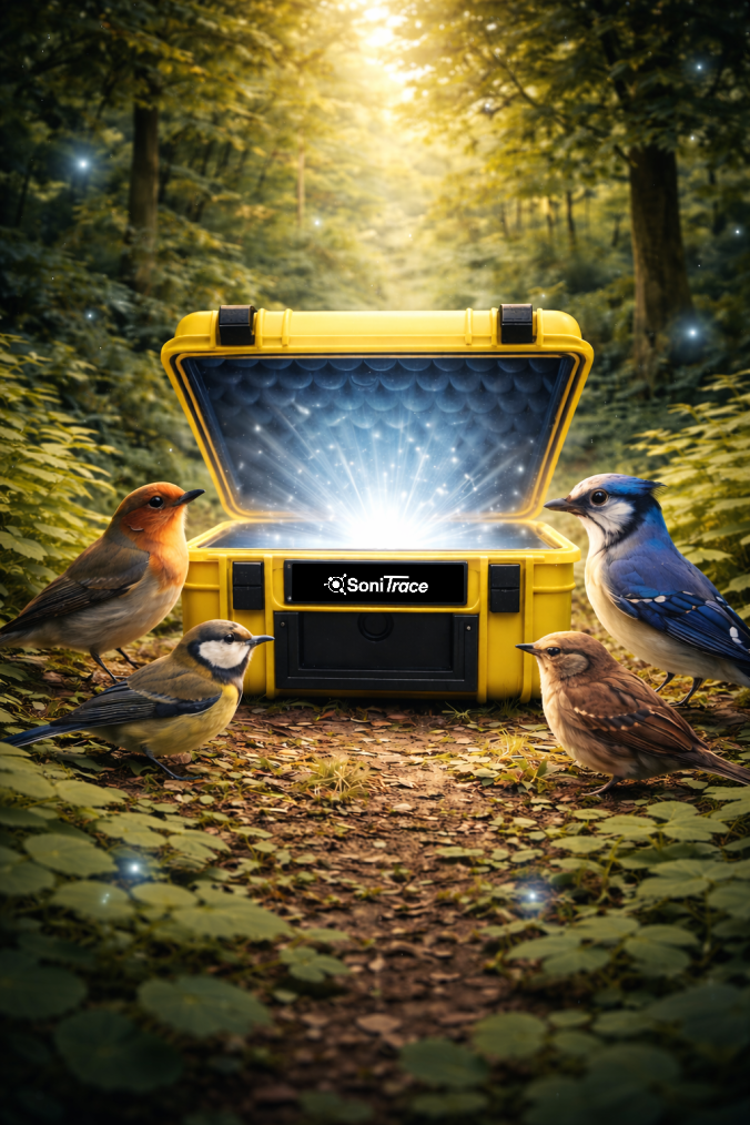 FlyBi Raspberry Pi case with open yellow protective housing, displaying internal components and circuit board inside a forest environment with natural lighting